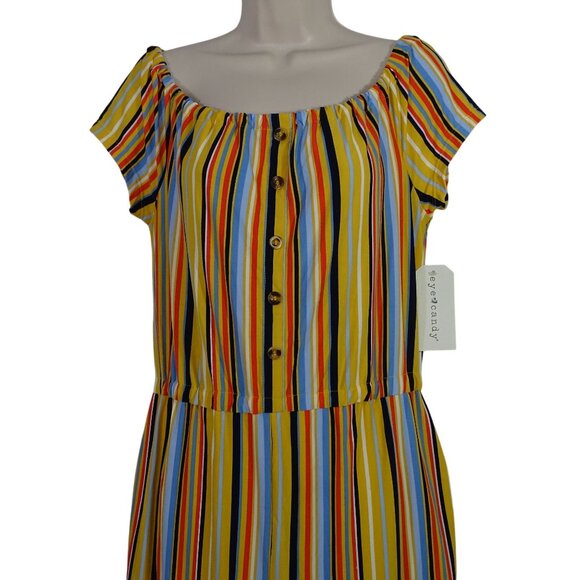 Eye Candy Multicolor Striped Off-Shoulder Jumpsuit Belted Size 1X Split Wide Leg - Picture 2 of 13